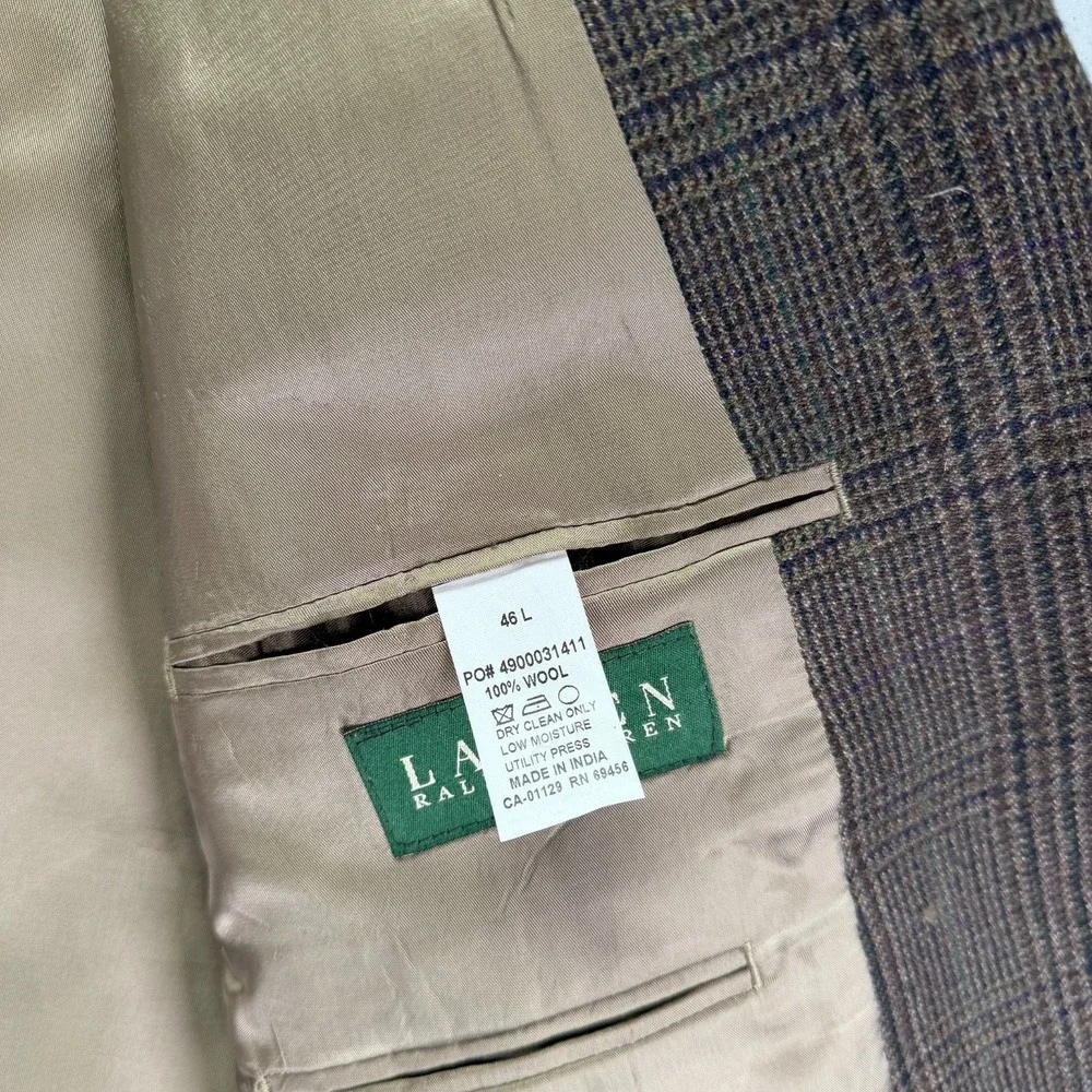 Lauren Ralph Lauren Blazer Mens 46L Brown Glen Check Wool Two Button Notch